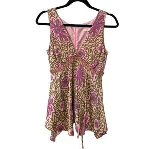Alice & Trixie Silk Dress Pink Floral Sharkbite Hem V Neck M Y2K